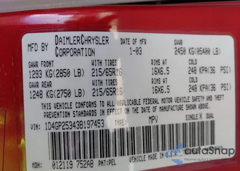 2003 Dodge Caravan Se из США, поврежденный, VIN 1D4GP25343B197453